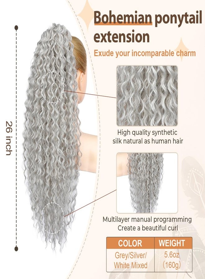 Flufymooz Ponytail Extension, 26 Inch Bohemian Style Drawstring Ponytail Hair Extensions for Women, Long Curly Wavy Pony Tail Natural Synthetic Hairpiece for Women (Grey/Silver/White Mixed) - Image 2
